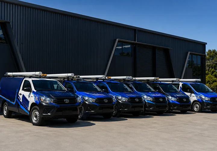 Our plumbing vans lined up before a Forestville shift
