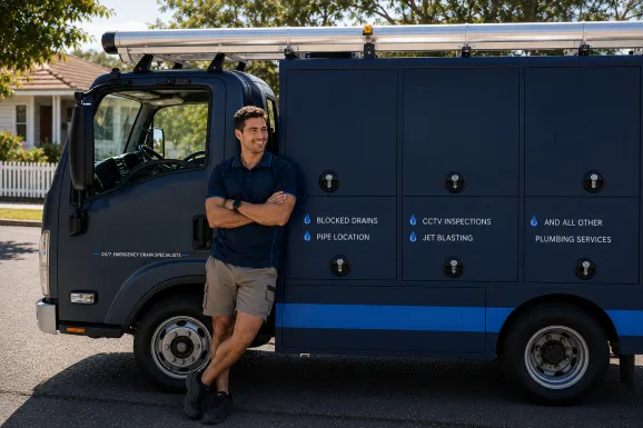 Our plumber with the service van on a Forestville job