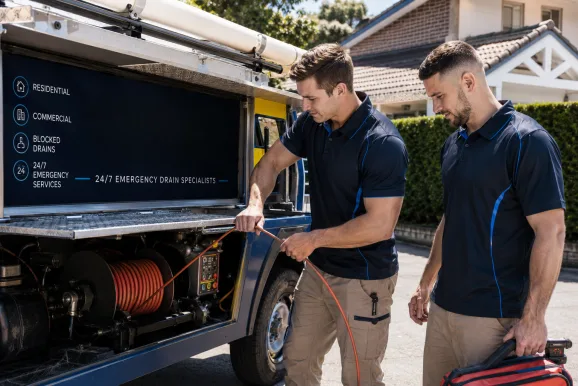 Two plumbers working on a blocked drain in Forestville