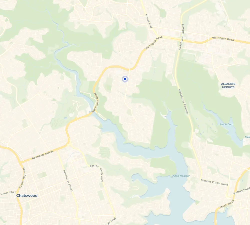 Map of the Forestville service area and the surrounding Northern Beaches, showing Forestville and the nearby streets we cover.