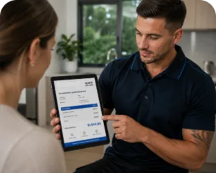 Plumber showing a Forestville customer the quote on a tablet